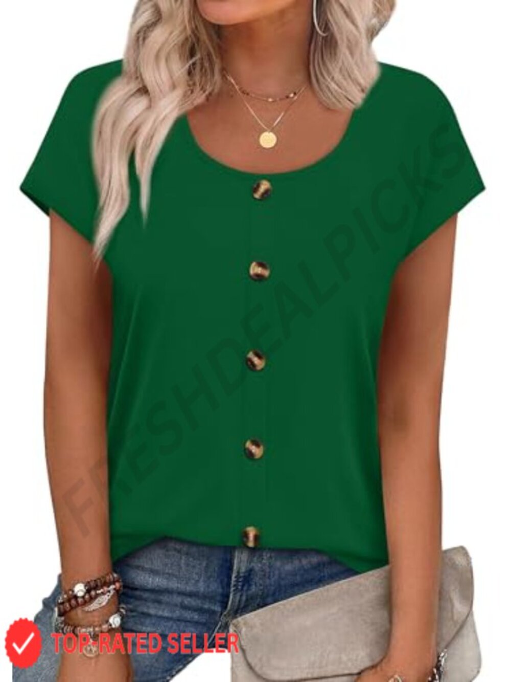 Womens Summer Top Cap Short Sleeve Button Down Blouse U Neck T Shirt